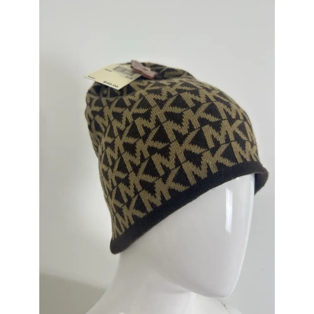 Michael Kors Women’s Brown Logo Jacquard Cuffed Beanie Winter Hat One Size NWT
